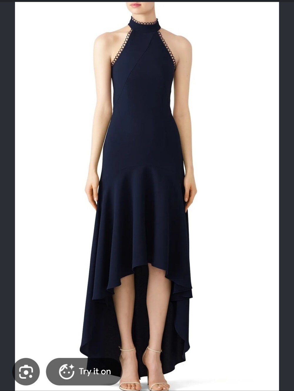 Monique Lhuillier Love No One Midnight Navy Halter Maxi Gown 8